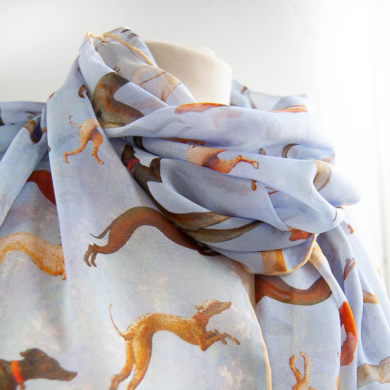 Silk Chiffon Hunt in the Forest Scarf featuring Running Hounds